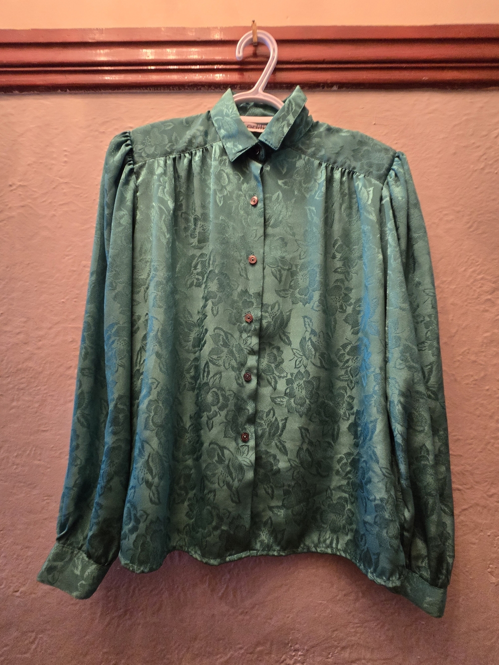 Vintage Editions Emerald Green Floral Jacquard Blouse Women's Medium - Picture 3 of 12